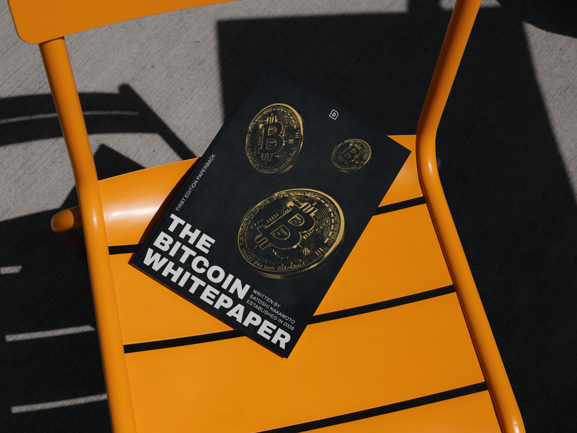 A book titled 'The Bitcoin Whitepaper' with a black cover and white geometric design, placed on a concrete floor illuminated by a narrow beam of sunlight.